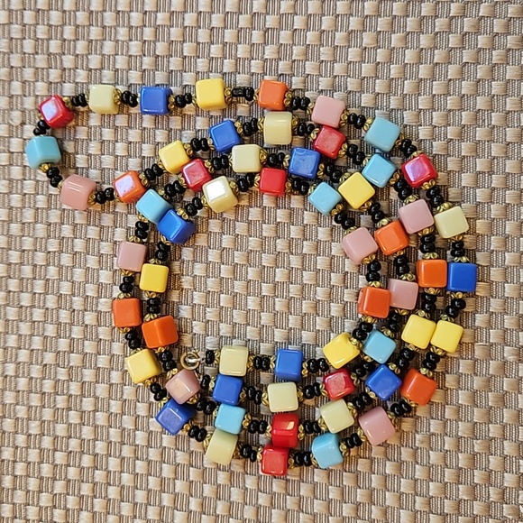 Vintage Czech Harlequin Multi-Colored Glass Cube Necklace 1930's. 38" - Picture 3 of 6